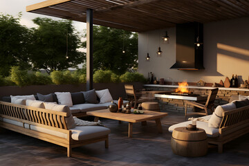 BBQ room with a cozy lounge area and outdoor sectional - obrazy, fototapety, plakaty