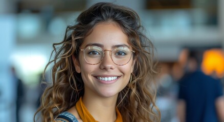 A stylish woman exudes confidence as she flashes a bright smile at the camera, her brown hair cascading in layers and complimented by her trendy glasses, capturing the essence of outdoor beauty - obrazy, fototapety, plakaty