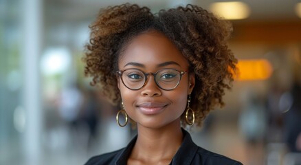 Fototapeta premium A cheerful woman with curly hair and glasses radiates confidence and warmth as she smiles brightly in her stylish indoor portrait