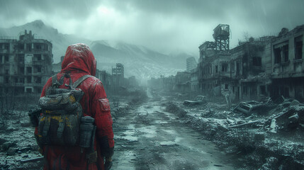 Red Wanderer in a Ravaged Cityscape
