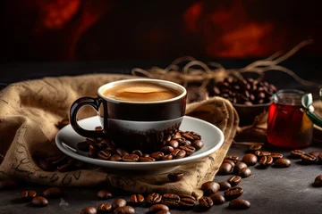 Fotobehang Cup of coffee with coffee beans closeup dark background © pixeness