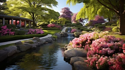 Fototapeten A serene garden with colorful blossoms, manicured hedges, and a tranquil pond. © Image Studio