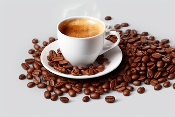 Cup of coffee with coffee beans closeup dark background