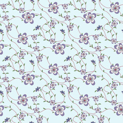 Seamless floral pattern on a light blue background, small decorative flowers with leaves and intertwining stems for the design of fabric, paper, silk, vector illustration