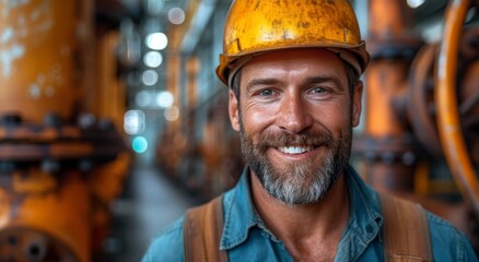 A rugged blue-collar worker gazes confidently at the camera, his weathered face framed by a hard hat and yellow vest, embodying strength and determination in his job on the bustling city streets