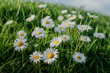 a bunch of daisies flower growing in the grass