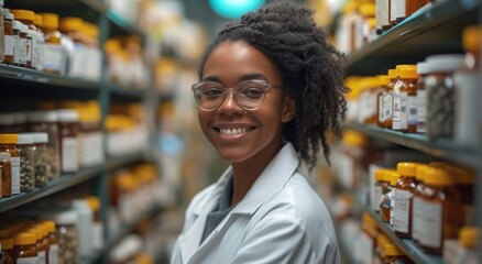 A professional woman with a warm smile stands in her pharmacy, surrounded by shelves of products, donning a lab coat and glasses, ready to assist customers in the retail shop - obrazy, fototapety, plakaty