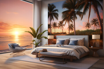 Fototapeta na wymiar A bedroom wall mural with a serene beachfront landscape
