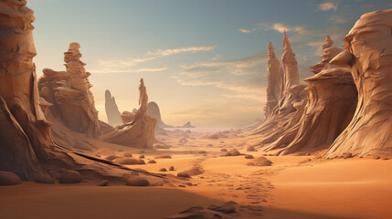 Surreal desert landscape with dreamlike rock formations