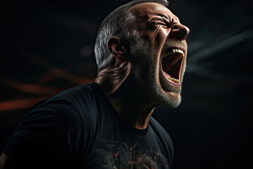 Intense Portrait of a Man Expressing a Powerful Scream Against a Dark Backdrop