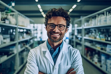 A smiling man adorned in a crisp lab coat and glasses radiates joy as he conducts experiments and shares his knowledge.