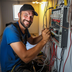 Smiling electrician repairs the wiring in the house Job ID: cf138061-8833-4cc5-bf61-4ca0d8d8b984