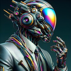 An image of man in a suit and helmet, in the style of cyber punk surrealism.