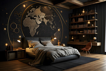 A bedroom wall mural with a vintage old world map