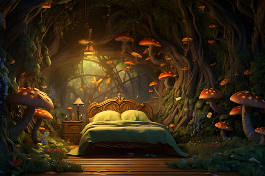 A bedroom wall mural with a whimsical fairytale forest - Powered by Adobe