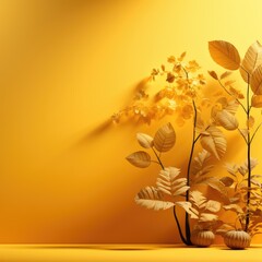Yellow abstract background with leaf outlines. Generative AI.
