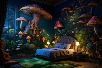 A bedroom wall mural with a whimsical fairytale forest