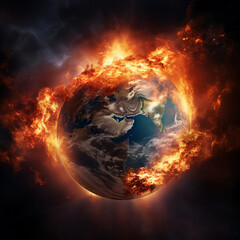 The earth bursts with fire as global warming causes the climate to change, space view of the world...