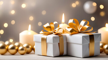 Obraz na płótnie Canvas white and gold gift, luxury, golden ribbon, gold wrapping, christmas, birthday gift. ai