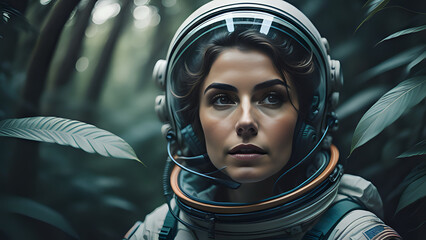 woman  astronaut explores the forest