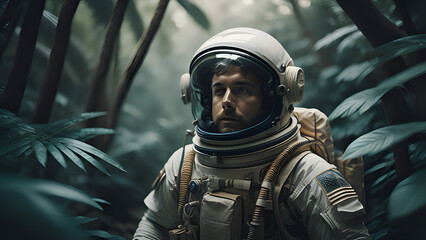  astronaut explores the forest - obrazy, fototapety, plakaty