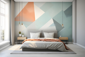 A bedroom wall mural with an abstract geometric pattern