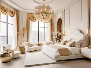 Luxury modern bedroom with golden and white bed 