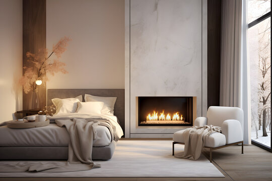 A bedroom with a cozy seating area and a fireplace
