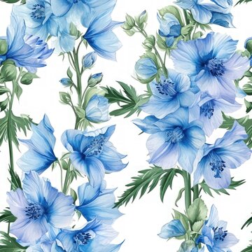 Watercolor delphinium flowers with leaves seamless pattern.