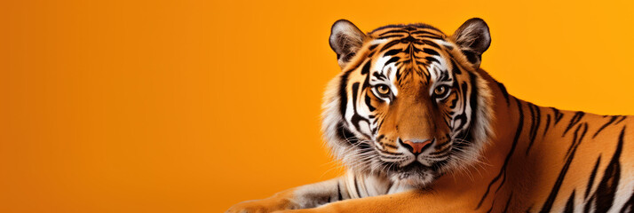 Beautiful tiger on orange background, wide horizontal panoramic banner with copy space, or web site header with empty area for text. - obrazy, fototapety, plakaty