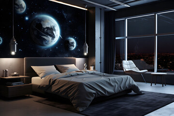 A bedroom with a modern space themed design