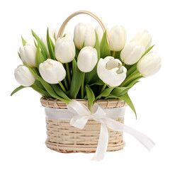 Beautiful white tulip flowers in a small wicker basket isolated on transparent background, png clip art, floral element.