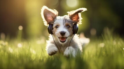 spring concept, playful happy pet dog puppy running in the grass and listening with funny ears.