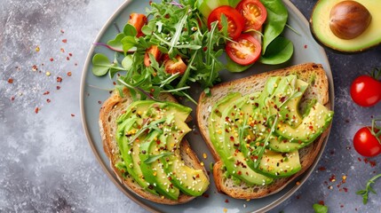 overview of avocado and toast, with a small salad on the side  
