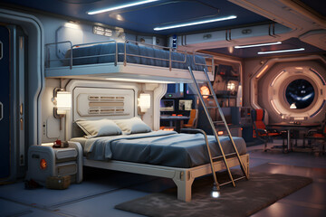 A bedroom with a spaceship bunk bed