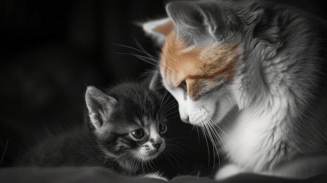 portrait, adult orange and white calico cat looking down at kitten black and white, 