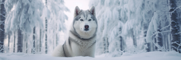 
A Siberian Husky sitting bravely in a white forest covered in snow