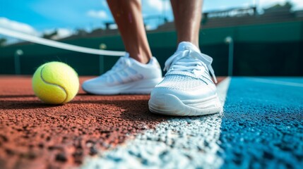 side view of a tennis ball and shoes of a tennis player on a tennis court  - obrazy, fototapety, plakaty