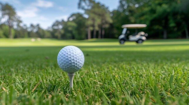 side view of a golf ball on a golf tee with a golf cart in the background  