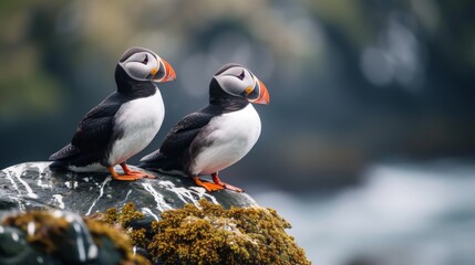 puffins sitting on a rock in Alaska