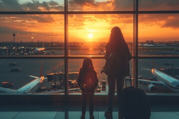 mother and child silhouette in the airport
