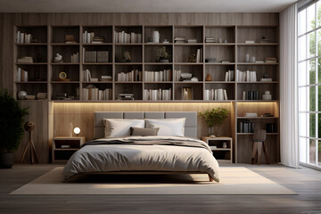 A bedroom with a wall of bookshelves