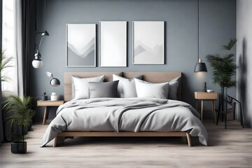 Cozy winter bedroom with glowing old fashioned bed, illuminated by beautifull colour, close up view.