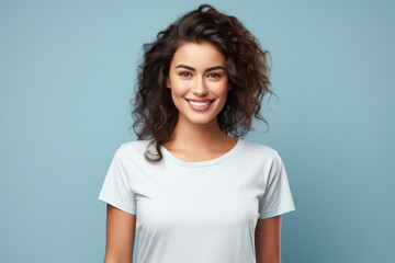 Young woman wearing white t-shirt mockup isolated on pink background. - obrazy, fototapety, plakaty