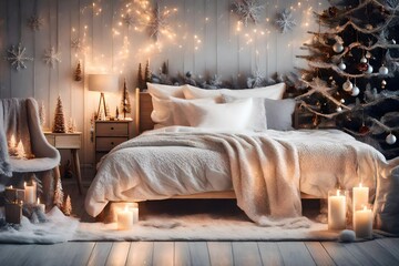 Cozy winter bedroom with glowing old fashioned bed, illuminated by beautifull colour, close up view.