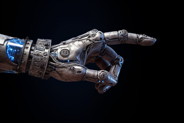 Cyborg hand finger pointing, technology of artificial.