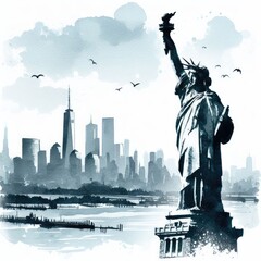 Illustration of the Statue of Liberty with New York City skyline background