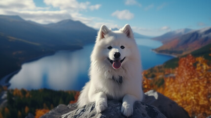 White Samoyed dog at the top of the mountain with rocks, snow and lake. Long shot of a beautiful samoyed alone, from the top of the mountain.