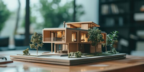 Obraz premium Architect create a model of a wooden house.