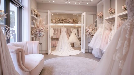 Chic bridal salon with elegant wedding gowns and to flowers on dress , accessories, and personalized service, creating a dreamy and unforgettable experience for brides-to-be